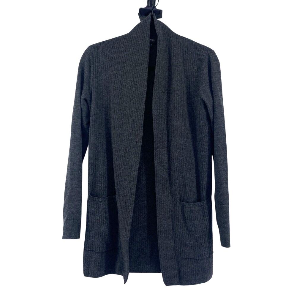 Theory Sweater Womens Small Gray Cardigan Ribbed Open Wool Stretch Pockets